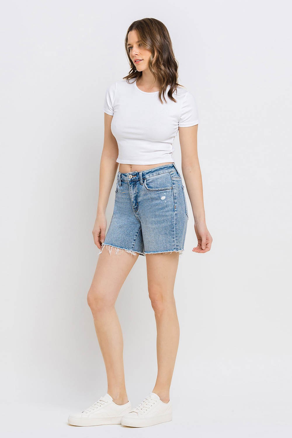 Tara High Rise Midi Shorts in Done Deal by Vervet