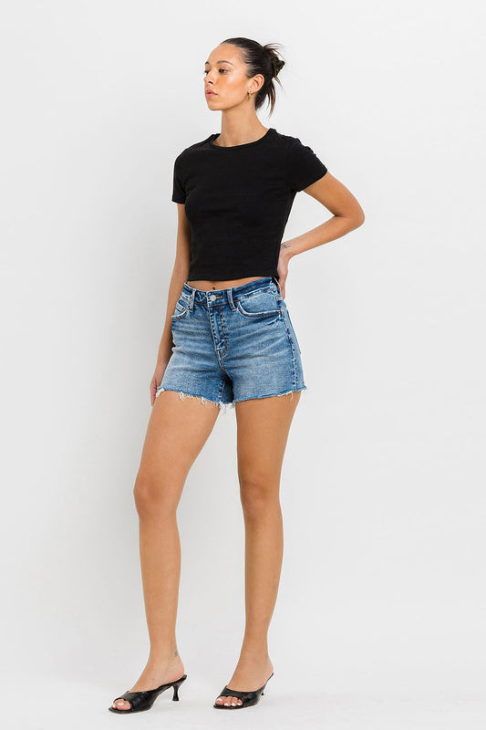 High Rise Raw Hem Denim Shorts