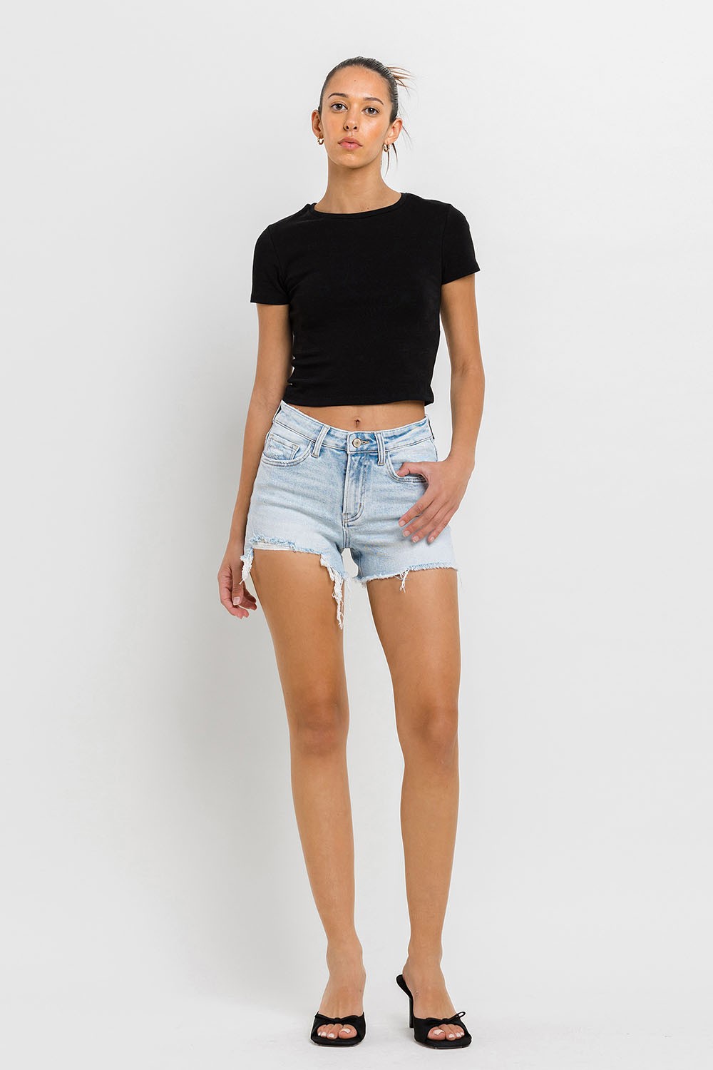 Rebecca High Rise Distressed Hem Shorts by Vervet