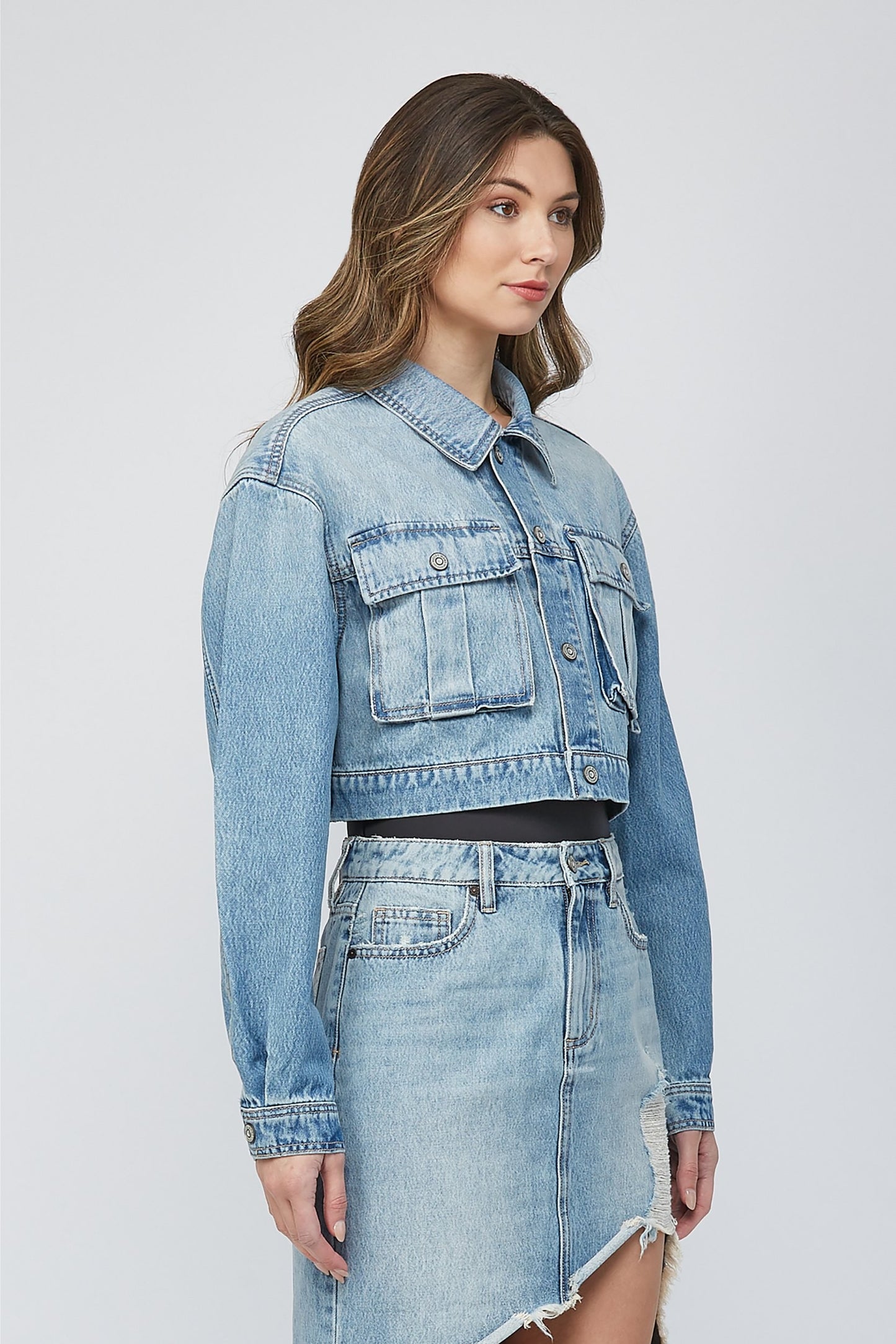 Cropped Cargo Denim Jacket by Hidden