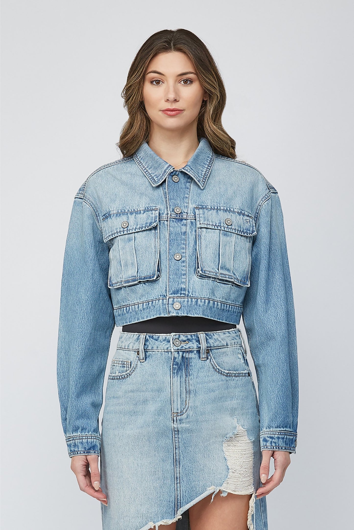 Cropped Cargo Denim Jacket by Hidden