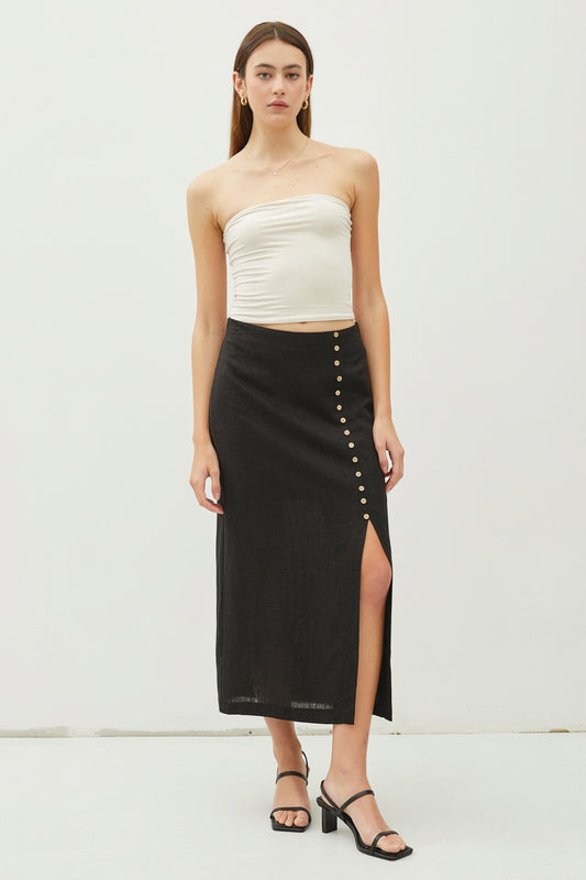 Button Trim Front Slit Midi Skirt