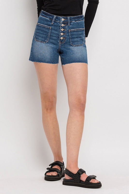 High Rise Patched Button Fly Shorts by Vervet