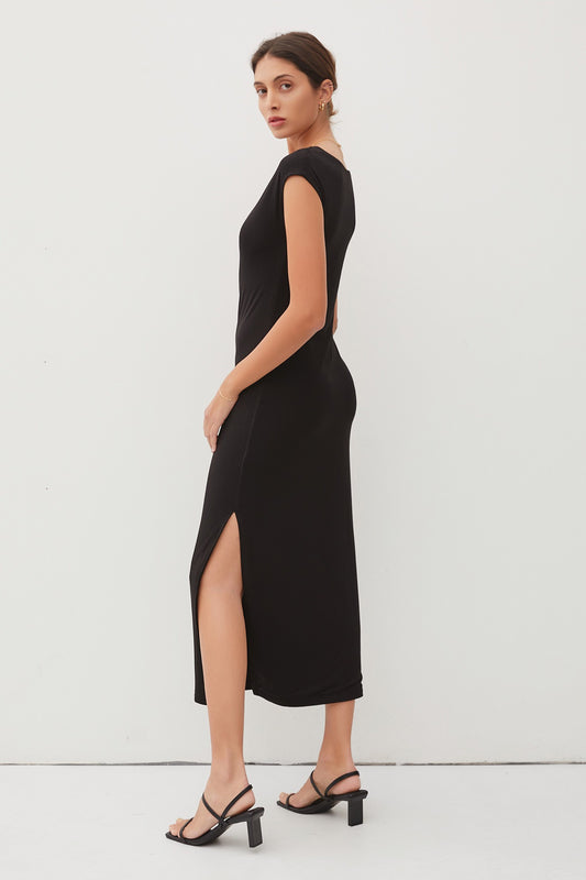 Boat Neck Cap Sleeve Midi Dress