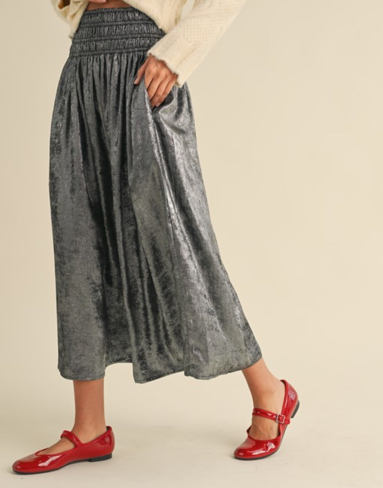 Flint Metallic Fabric Smocking Waist Skirt