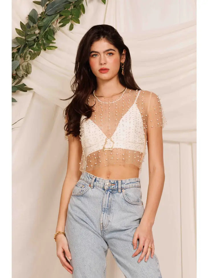 Pearls and Rhinestones Short Sleeve Mesh Crop Top