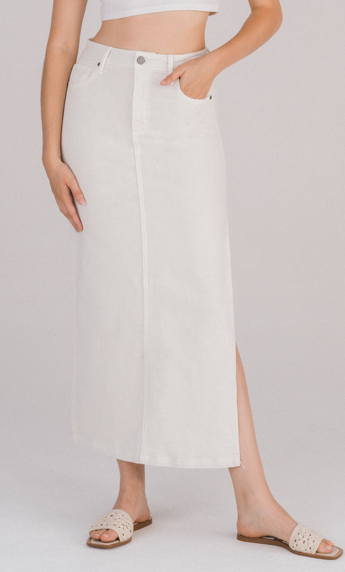 White Side Slit Midi Skirt By Hidden Denim