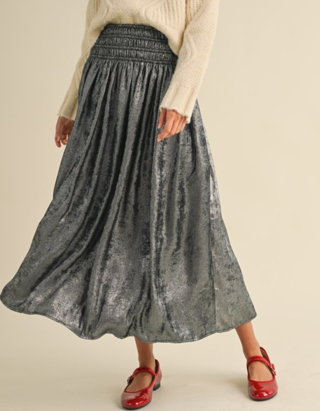 Flint Metallic Fabric Smocking Waist Skirt