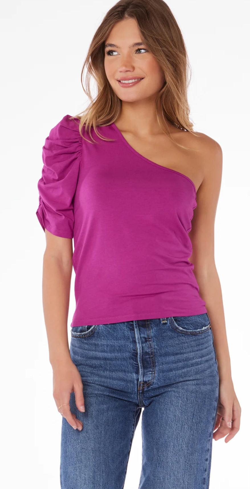 Pink Whisper One Shoulder Shirred Top By Bobi