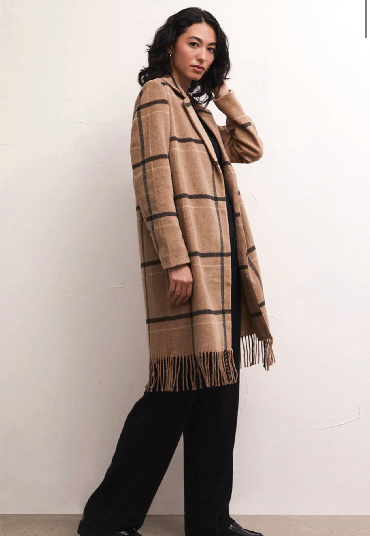 YNEZ FRINGED PLAID COAT