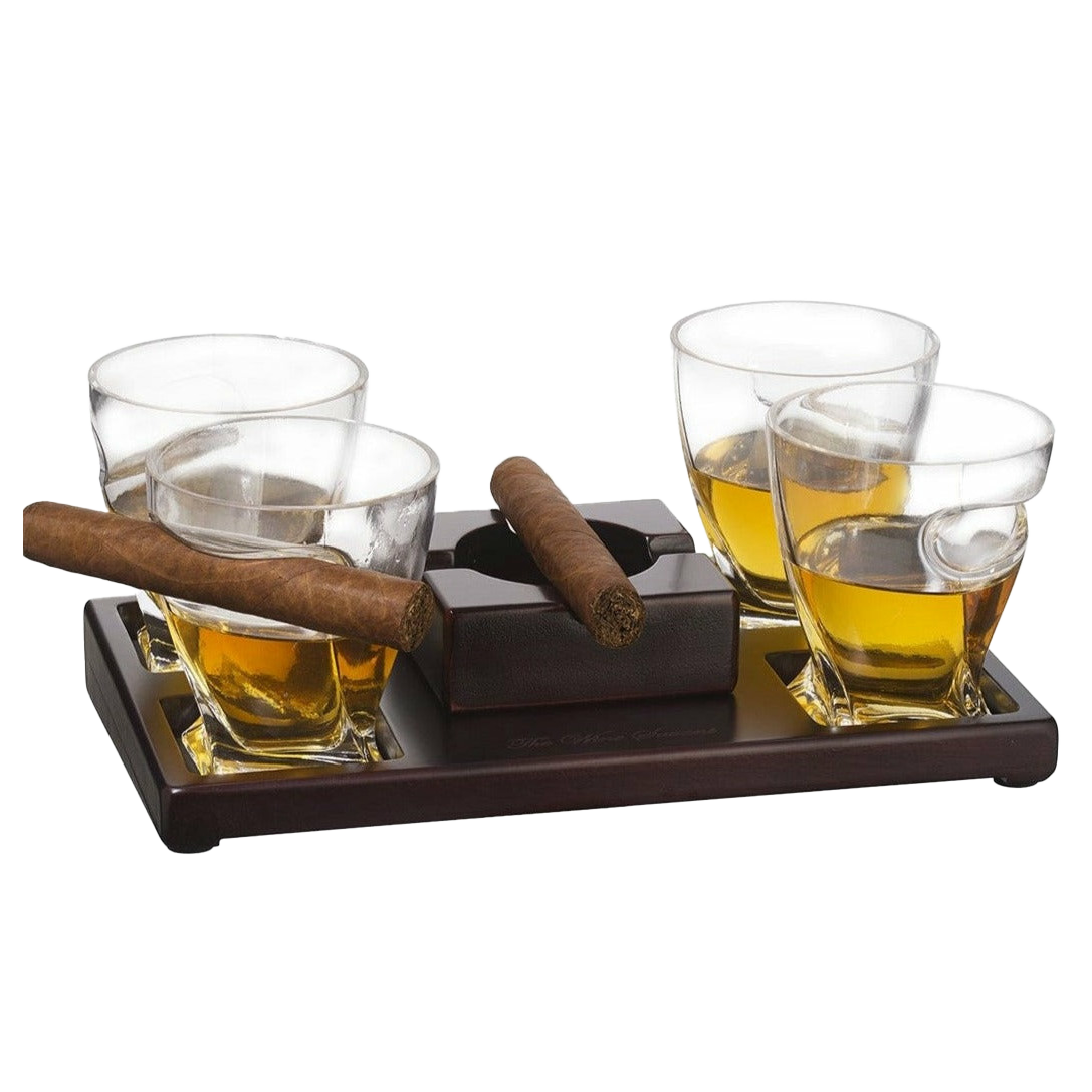 Cigar Glasses Tray & Ash Tray, 4 Whiskey Cigar Glasses